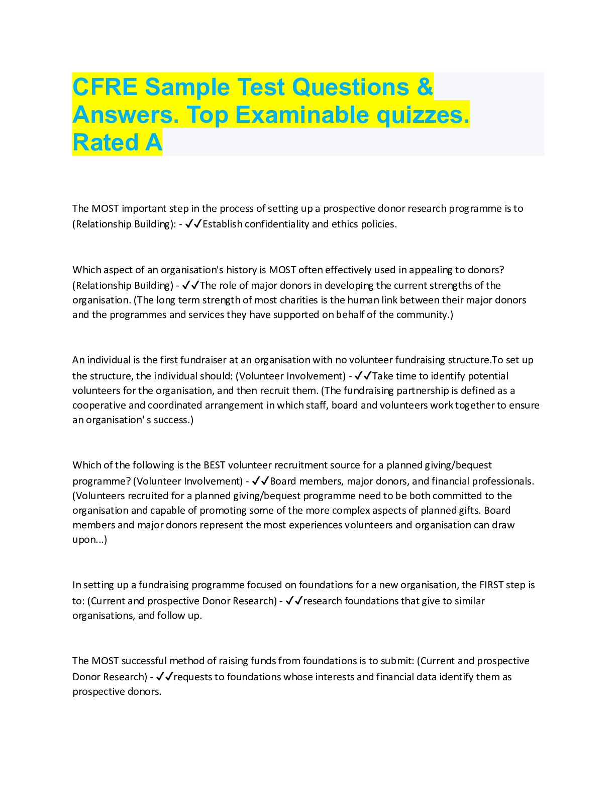 Preview image for CFRE Sample Test Questions &  Answers. Top Examinable quizzes.  Rated A